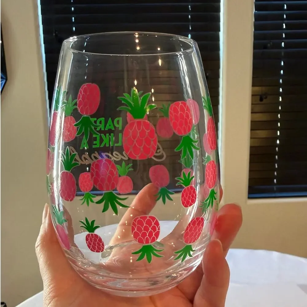 Set of 2 Tropical Summer Stemless Wine Glasses-Pineapple & Toucan Designs